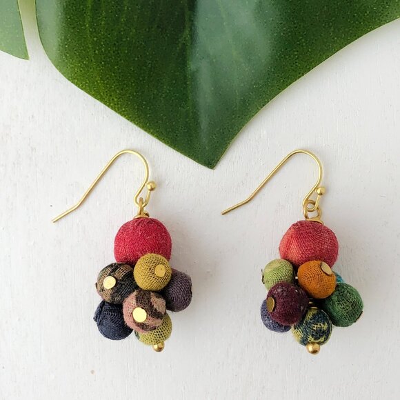 Fair Trade Small Drop Earrings Recycled Kantha Fabric Bead Boho Handmade Crafted - Picture 3 of 15